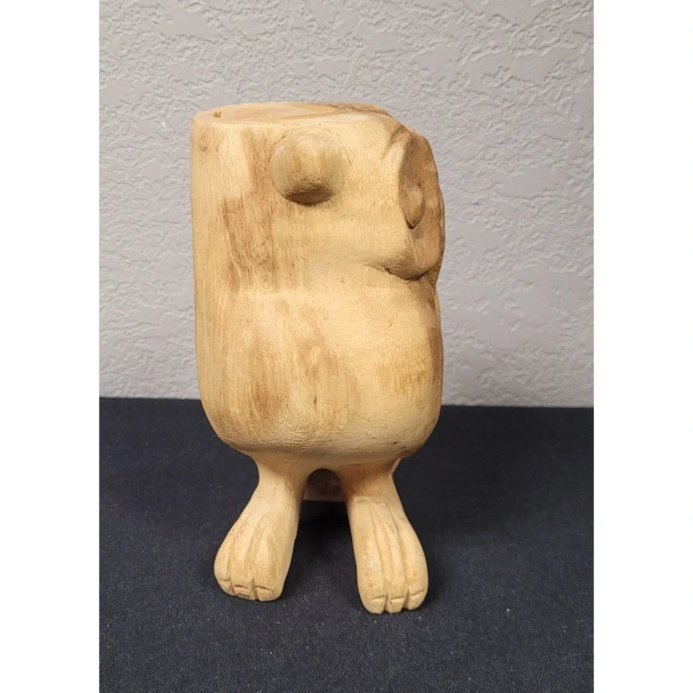 Vintage 1990s Hand Carved Wooden Hooting Owl Whistle Folk Art Bird Call